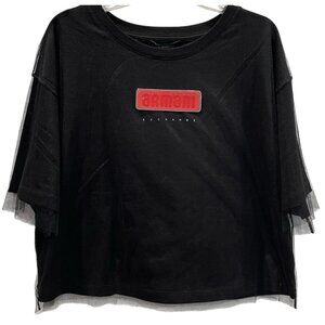 Armani Exchange Jersey Shirt Womens L Black Mesh Short Sleeve Red Spellout New